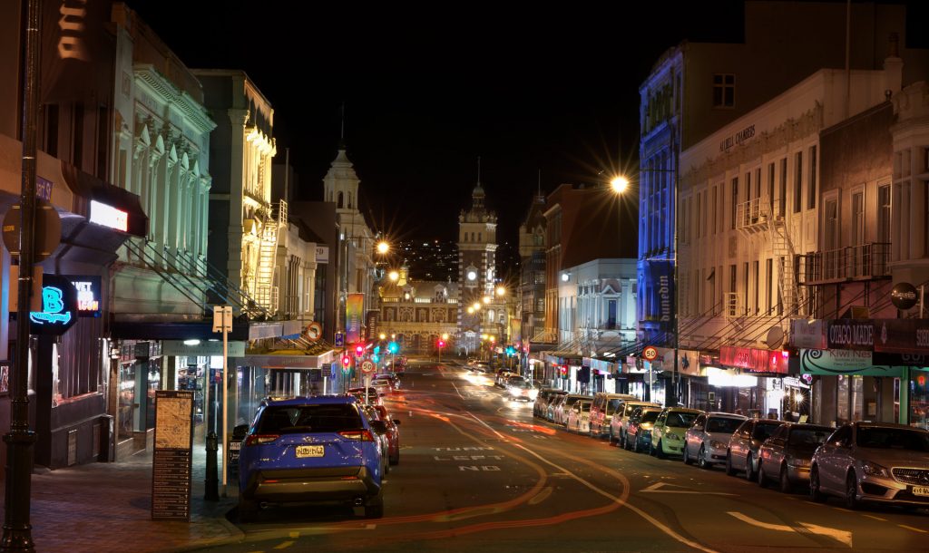 Looking down lower Stuart Street at the Railway Station at night
