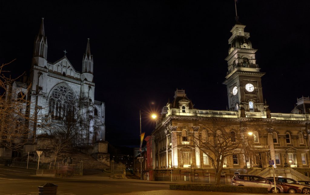 The Dunedin Municipal Chambers and St. Paul's Anglican Cathedral. Night photography using 5 shot HDR.